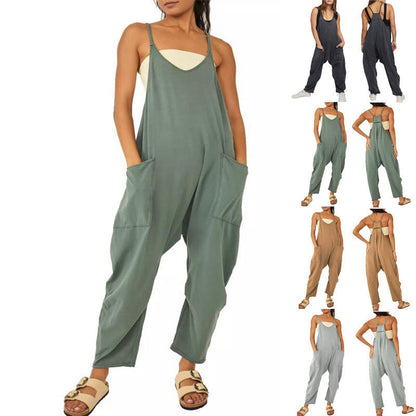 Løse, ermeløse jumpsuits for kvinner Spaghettistropper Stretchy Long Pant Romper Jumpsuit med lommer Glidelås