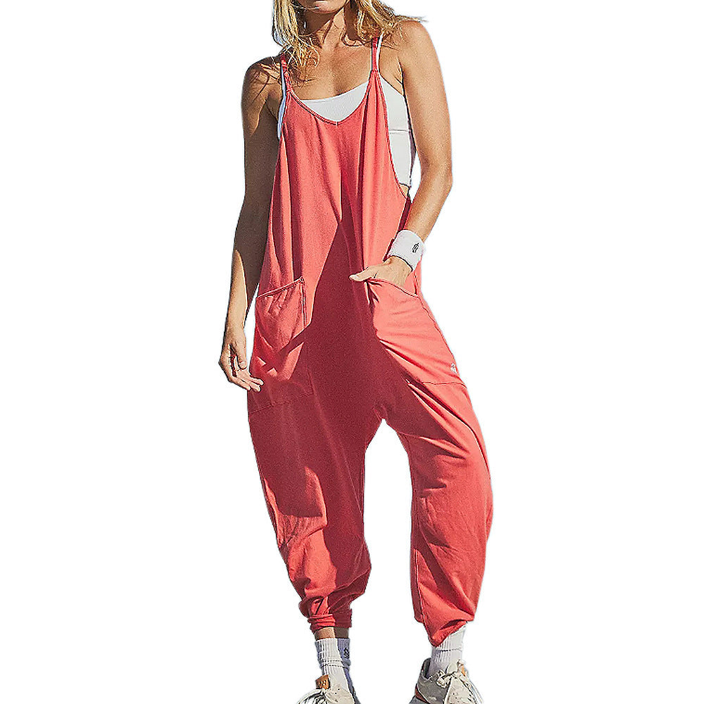 Løse, ermeløse jumpsuits for kvinner Spaghettistropper Stretchy Long Pant Romper Jumpsuit med lommer Glidelås