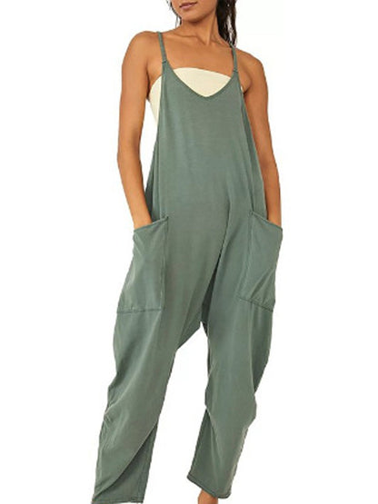 Løse, ermeløse jumpsuits for kvinner Spaghettistropper Stretchy Long Pant Romper Jumpsuit med lommer Glidelås